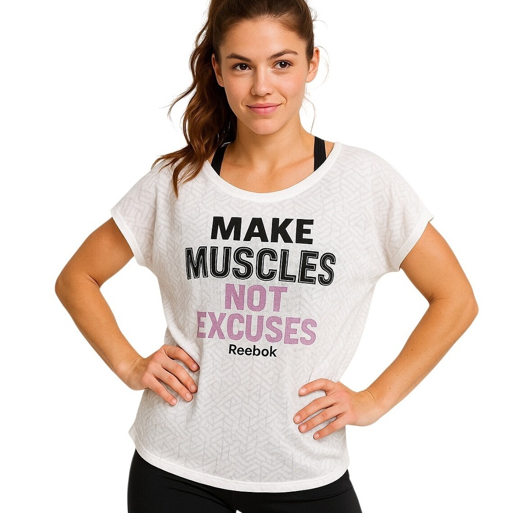 Reebok Tee Size Small T-Shirt White Make Muscles Not Excuses Sheer Athletic Gym‎
